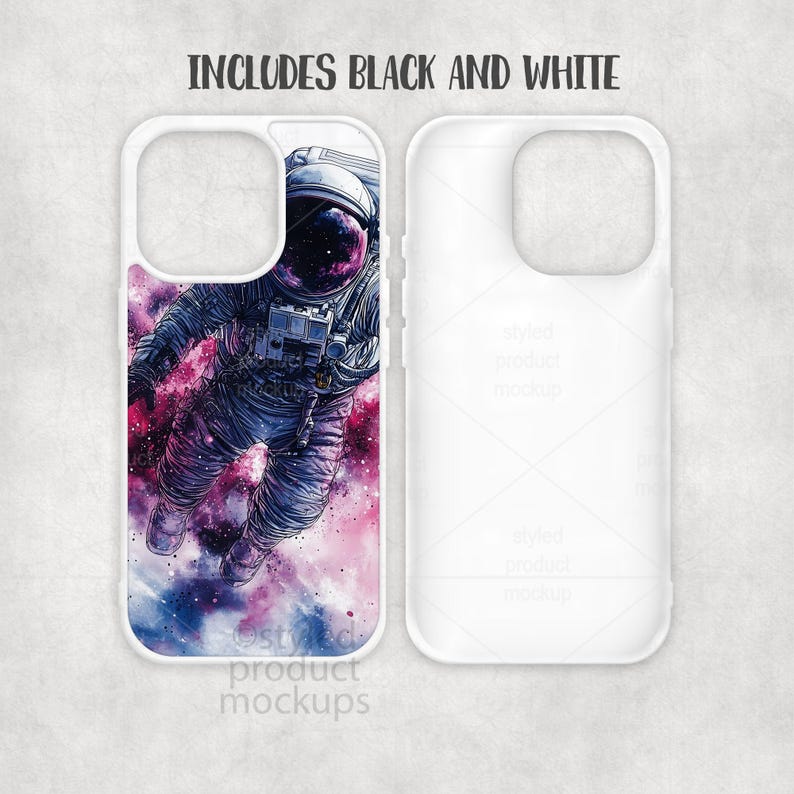 Peut inclure: Coque de t&eacute;l&eacute;phone blanche avec un astronaute flottant dans l'espace, sur fond de n&eacute;buleuse rose, violette et bleue. Le texte "INCLUDES BLACK AND WHITE" est en haut. Une deuxi&egrave;me coque vierge est &agrave; c&ocirc;t&eacute;.