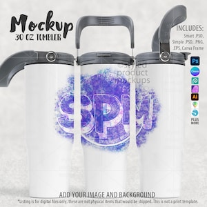May include: A white 887 ml tumbler mockup with a grey handle and lid. The tumbler features a purple and blue design with the word "SPM" in white. The image includes the text "Mockup" and "30 OZ TUMBLER".