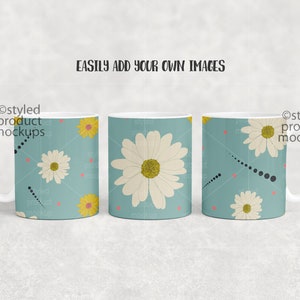 May include: Three white ceramic mugs with a blue background and a white daisy pattern. The mugs have black dots and red dots on the background. The text "EASILY ADD YOUR OWN IMAGES" is at the top of the image.