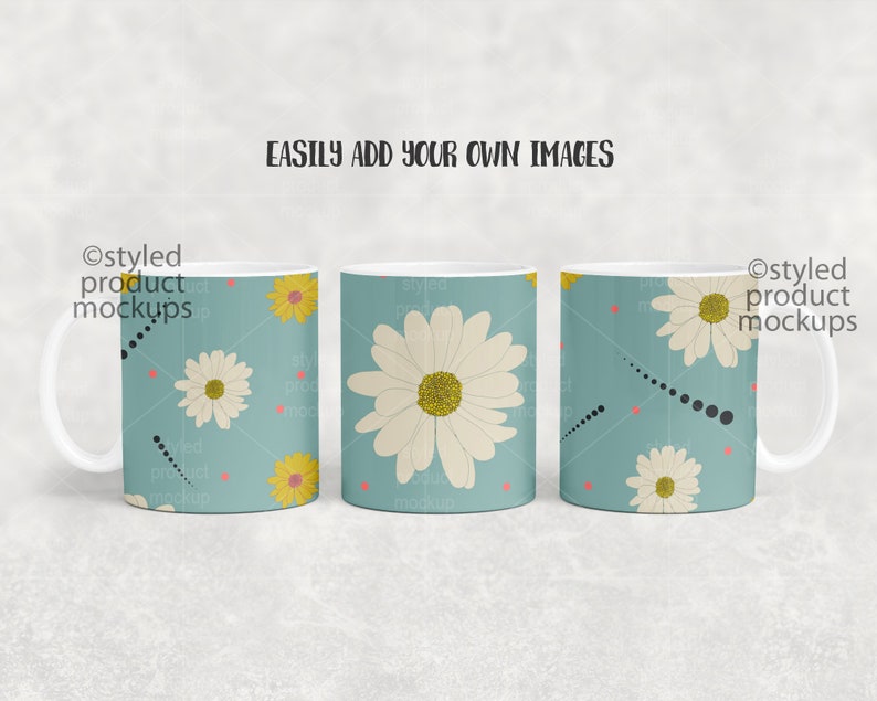 May include: Three white ceramic mugs with a blue background and a white daisy pattern. The mugs have black dots and red dots on the background. The text "EASILY ADD YOUR OWN IMAGES" is at the top of the image.