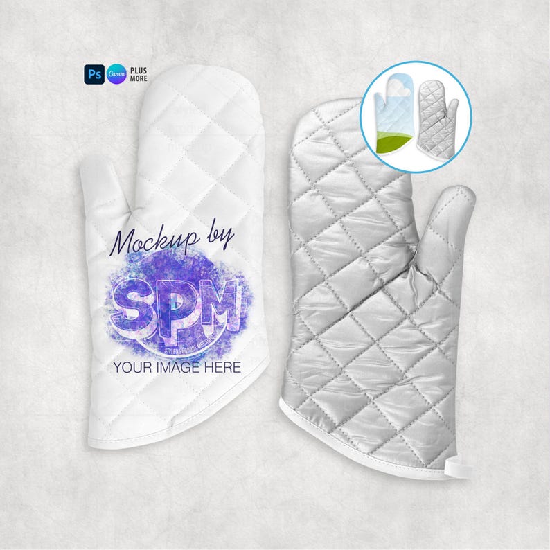 May include: Two quilted oven mitts, one white and one silver, are displayed. The white mitt features the text "Mockup by SPM" with "YOUR IMAGE HERE" below. A small circular graphic shows a mitt with a landscape design.