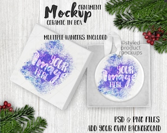 Dye sublimation round ceramic Christmas ornament in gift box Mockup | Add your own image and background