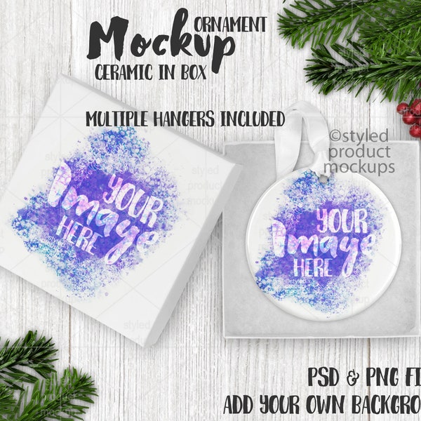 Dye sublimation round ceramic Christmas ornament in gift box Mockup | Add your own image and background