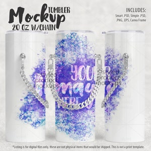 May include: A white 20 ounce tumbler with a silver chain. The tumbler has a watercolor design with purple, blue, and white colors. The text "YOUR mau" is printed on the tumbler.
