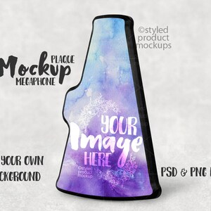 May include: A purple and blue watercolor megaphone mockup with the text "Your Image Here" and the words "Mockup Megaphone" and "PSD & PNG Files".