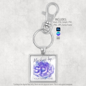 Square Keychain Mockup: Glass Cabochon, Split Ring (Digital File)