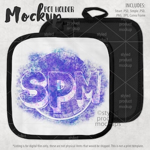 May include: A black pot holder mockup with a white insert featuring a purple and blue watercolor design with the text "SPM" and "STYLED PRODUCT MOCKUPS".