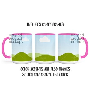 May include: Three white mugs with pink rims and handles. Each mug has a different design featuring a green hill and a blue sky with a white cloud. The text "Ostyled product mockups" appears on the mugs. The text "INCLUDES CANVA FRAMES" and "COLOR ACCENTS ARE ALSO FRAMES SO YOU CAN CHANGE THE COLOR" appears below the mugs.