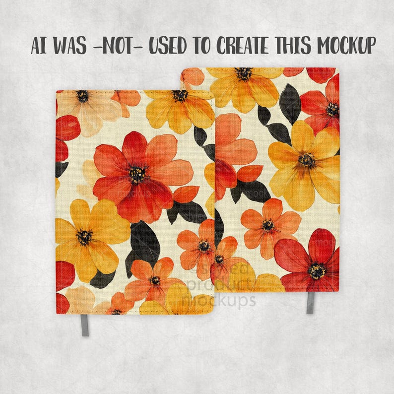 May include: Two notebooks with a floral design. The design features orange, red, and yellow flowers with black leaves on a cream background. The text "AI WAS -NOT- USED TO CREATE THIS MOCKUP" is at the top.