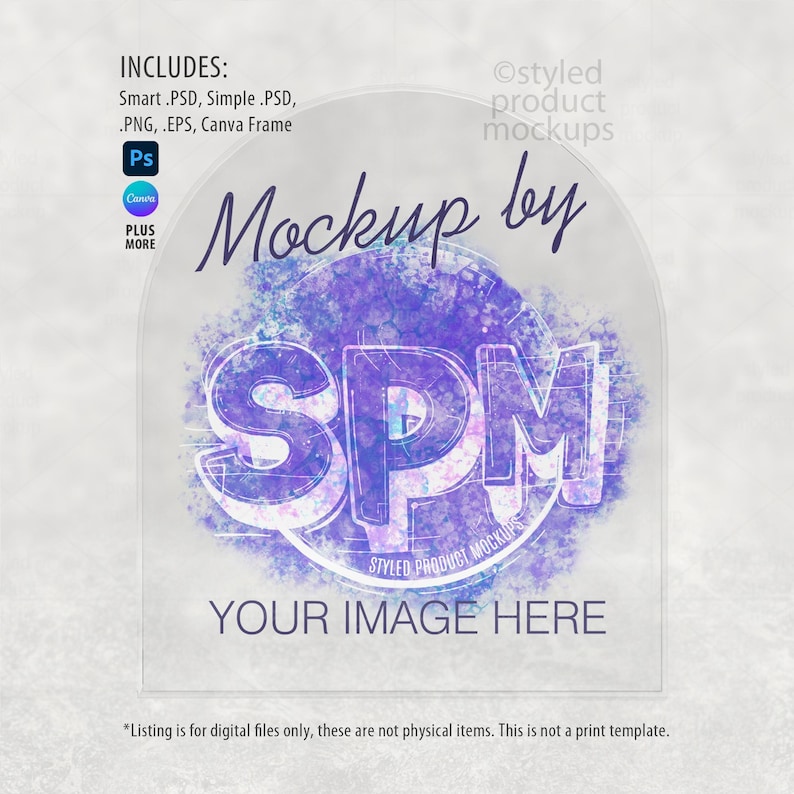 Op de afbeelding: Een digitale productmockup met een transparante boogvorm. Het ontwerp bevat de tekst "Mockup by SPM" in een paars en wit kleurenschema, met de woorden "Your Image Here" eronder. Inclusief .PSD-, .PNG- en Canva Frame-bestanden.