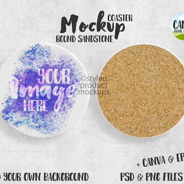 Dye sublimation round sandstone coaster Mockup | Add your own image and background  | Canva frame mockup