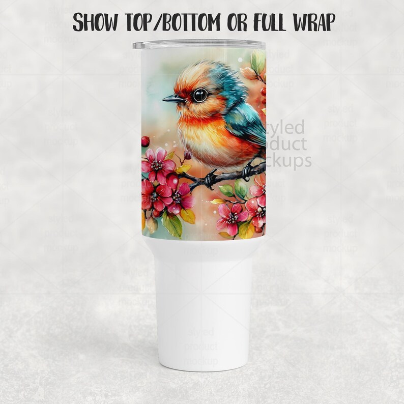 K&ouml;nnte beinhalten: Ein wei&szlig;er Becher mit einem Aquarellgem&auml;lde eines bunten Vogels auf einem bl&uuml;henden Zweig. Der Vogel hat orange, blaue und rote Federn. Der Text "SHOW TOP/BOTTOM OR FULL WRAP" steht oben.