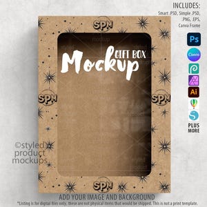 Maqueta de caja de tarjeta de felicitación, maqueta de caja de regalo de cartón con ventana transparente, maqueta de caja de panadería, maqueta inteligente de Photoshop, maqueta de marco de Canva