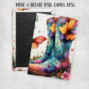 May include: A watercolor illustration of a pair of cowboy boots with a floral and butterfly design. The boots are primarily turquoise, with orange, purple, and pink accents. The image includes the text "MOVE & ROTATE (PSD. CANVA. EPS)".
