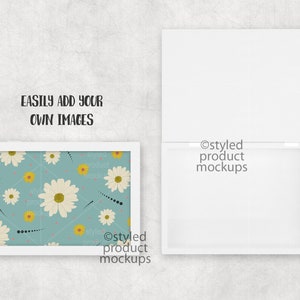 May include: A white rectangular frame displaying a floral pattern of large white daisies with yellow centers on a teal backdrop. The text "EASILY ADD YOUR OWN IMAGES" is above the frame. A white box is to the right.