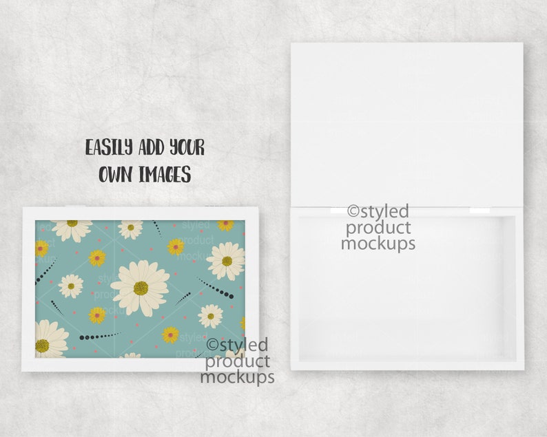 May include: A white rectangular frame displaying a floral pattern of large white daisies with yellow centers on a teal backdrop. The text "EASILY ADD YOUR OWN IMAGES" is above the frame. A white box is to the right.