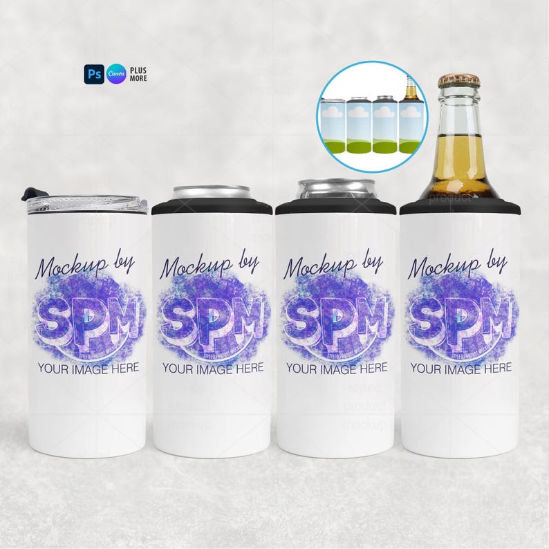 May include: A selection of white drink holders and a beer bottle holder. Each has a purple and blue design with the text "SPM" and "YOUR IMAGE HERE". The image also includes the text "Mockup by".