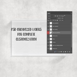 May include: A digital design mockup featuring a white rectangular frame with the text "PSD ORGANIZED LAYERS FOR COMPLETE CUSTOMIZATION." A software interface with layers is visible on the right side. The background is a textured, light gray.