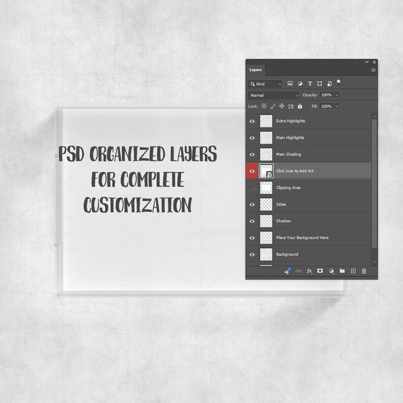 May include: A digital design mockup featuring a white rectangular frame with the text "PSD ORGANIZED LAYERS FOR COMPLETE CUSTOMIZATION." A software interface with layers is visible on the right side. The background is a textured, light gray.