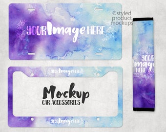 Car Accessories Mockup, License Plate Frame and Seatbelt Cover (PSD, PNG)