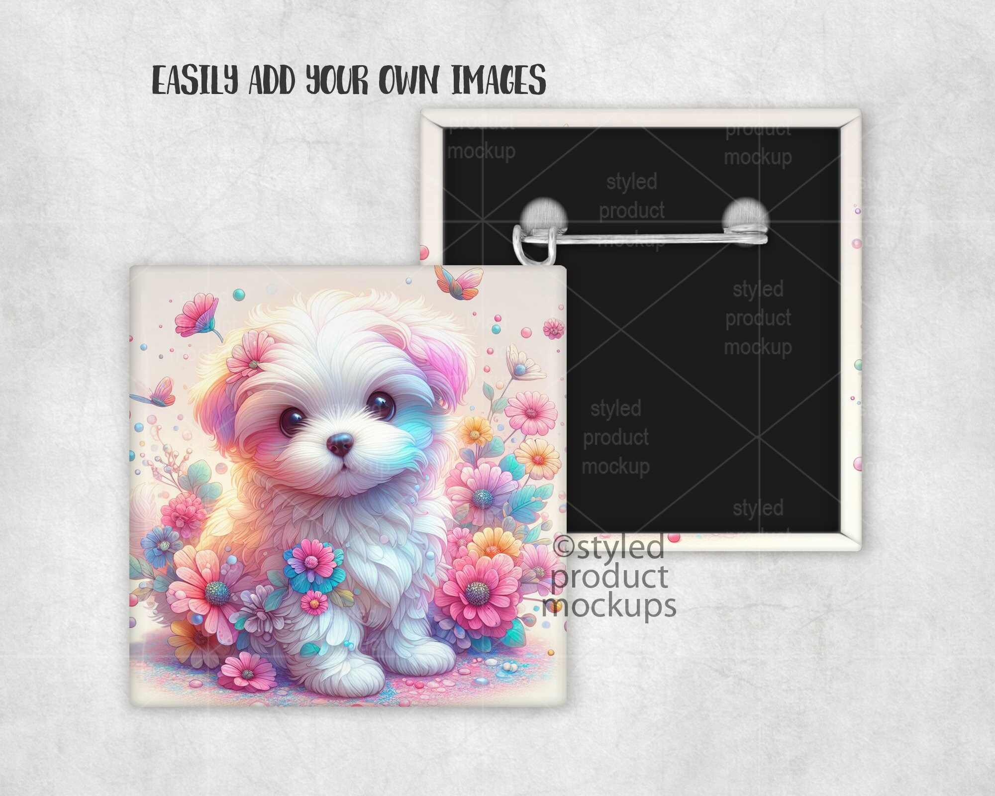 Square Pin Back Black Backed Square Pinback Button Mockup | Add Your Own Image and ...
