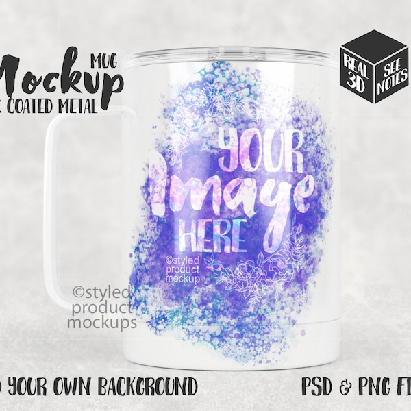 Dye sublimation glossy white coated stainless steel 11oz mug Mockup | Add your own image and background