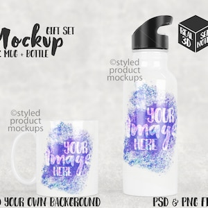 Dye Sublimation 11 Unzen Tasse mit 20 Unzen Wasserflasche Mockup | Fügen Sie Ihr eigenes Bild und Hintergrund hinzu