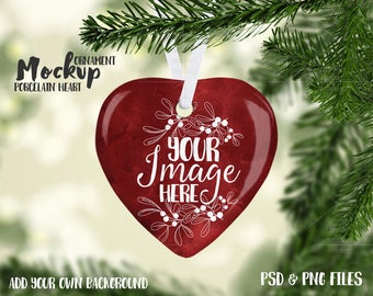 Small heart shaped porcelain Christmas ornament mockup template |Add your own Image and Background