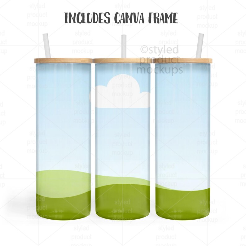 May include: Three tall, cylindrical tumblers with bamboo lids and straws. The tumblers feature a sky-blue background with a green landscape design. One tumbler has a white cloud graphic. The text "INCLUDES CANVA FRAME" is at the top.