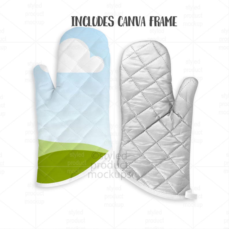 May include: Two oven mitts. One features a sky and cloud design with green hills, the other is silver quilted. The text "INCLUDES CANVA FRAME" is at the top. These mitts are designed for kitchen use.