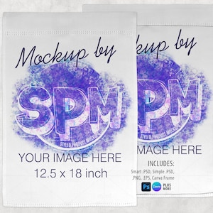 May include: Two white rectangular garden flags featuring a central purple watercolor circle with the text SPM and STYLED PRODUCT MOCKUPS. The flags include the text MOCKUP BY, YOUR IMAGE HERE, and 12.5 x 18 inch, along with file format icons.