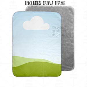 Peut inclure: Maquette de couverture rectangulaire avec un motif de ciel et d'herbe, avec un nuage blanc. La couverture est bleu clair en haut, passant au vert en bas. Un cadre rectangulaire gris est derri&egrave;re la couverture. Le texte "INCLUDES CANVA FRAME" est en haut.