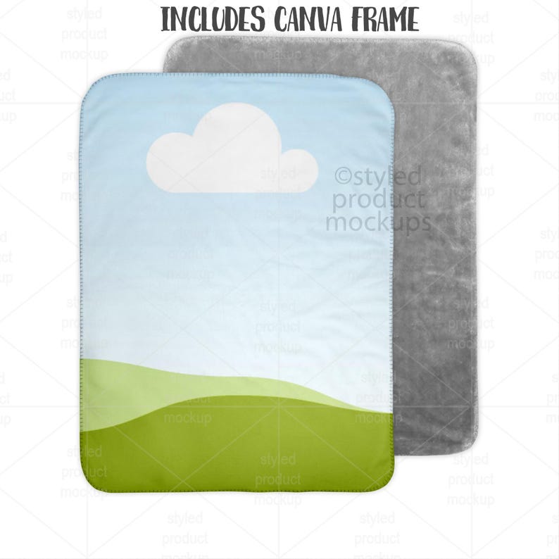 Peut inclure: Maquette de couverture rectangulaire avec un motif de ciel et d'herbe, avec un nuage blanc. La couverture est bleu clair en haut, passant au vert en bas. Un cadre rectangulaire gris est derri&egrave;re la couverture. Le texte "INCLUDES CANVA FRAME" est en haut.