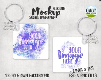 Dye sublimation square hardboard keychain with corner hole Mockup | Add your own image and background | canva frame mockup