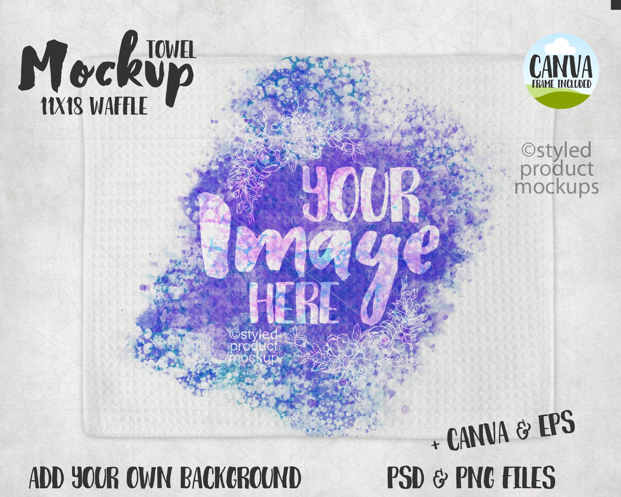 Dye sublimation 11x18 waffle weave towel Mockup | Add your own image and background | canva frame mockup