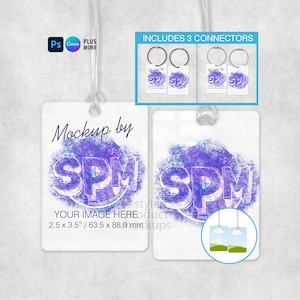 May include: Two white rectangular tags with a purple and blue design, the text "Mockup by SPM" and "YOUR IMAGE HERE" are visible. The tags measure 2.5 x 3.5 inches. The image also includes three connectors and the text "INCLUDES 3 CONNECTORS".
