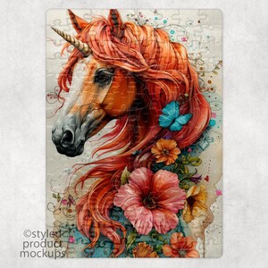 May include: A close-up of a unicorn with a long, flowing mane of red hair. The unicorn is surrounded by flowers and butterflies, creating a whimsical and magical scene.