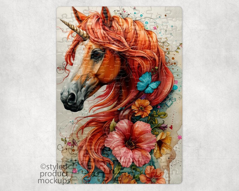 May include: A close-up of a unicorn with a long, flowing mane of red hair. The unicorn is surrounded by flowers and butterflies, creating a whimsical and magical scene.