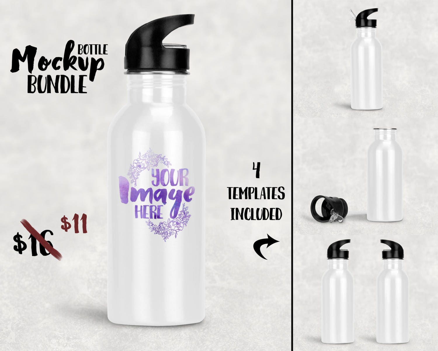 Download Sublimation white water bottle with straw mockup template | Etsy