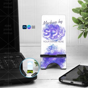Dye sublimation cell phone stand lifestyle scene mockup | Add your own image