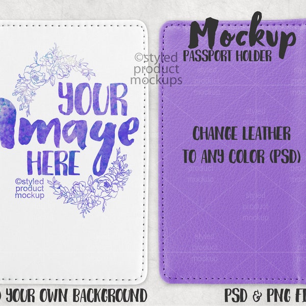 Dye sublimation passport holder with color faux leather mockup | Add your own image and background