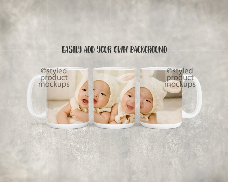 May include: Three white ceramic mugs with a photo of two babies wearing white bunny hats. The mugs are arranged in a row, with the babies' faces visible in each mug. The text "@styled product mockups" is visible on the left and right mugs.