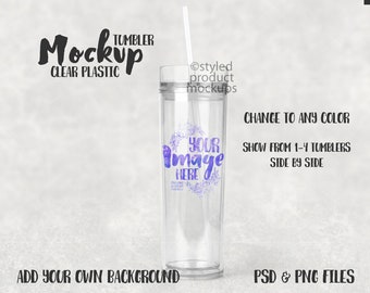 Plastic skinny tumbler with lid and straw Mockup | Add your own image and background