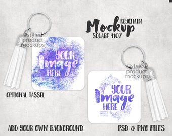Dye sublimation double sided square keychain Mockup | Add your own image and background
