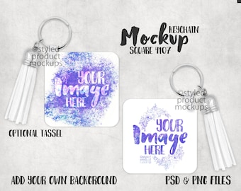 Dye sublimation double sided square keychain Mockup | Add your own image and background