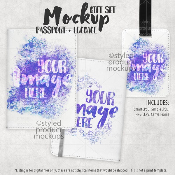 Dye sublimation passport cover and luggage tag Mockup | Add your own image and background