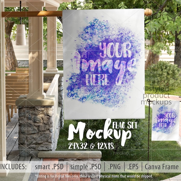 Dye sublimation house flag and garden flag set Mockup | Add your own image and background | canva frame mockup