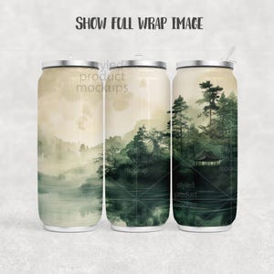 May include: Three stainless steel tumblers with a scenic landscape design. The design features a misty mountain scene with trees, water, and a small pagoda. The text "SHOW FULL WRAP IMAGE" is at the top.
