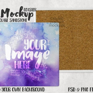 May include: Square sandstone coaster mockup with a watercolor background featuring purple, blue, and white floral designs. The text "YOUR IMAGE HERE" is written in white on the coaster. The back of the coaster is made of cork.