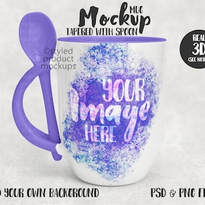 Maqueta de taza de sublimación de tinta con cuchara en el mango / Agrega tu propia imagen y fondo